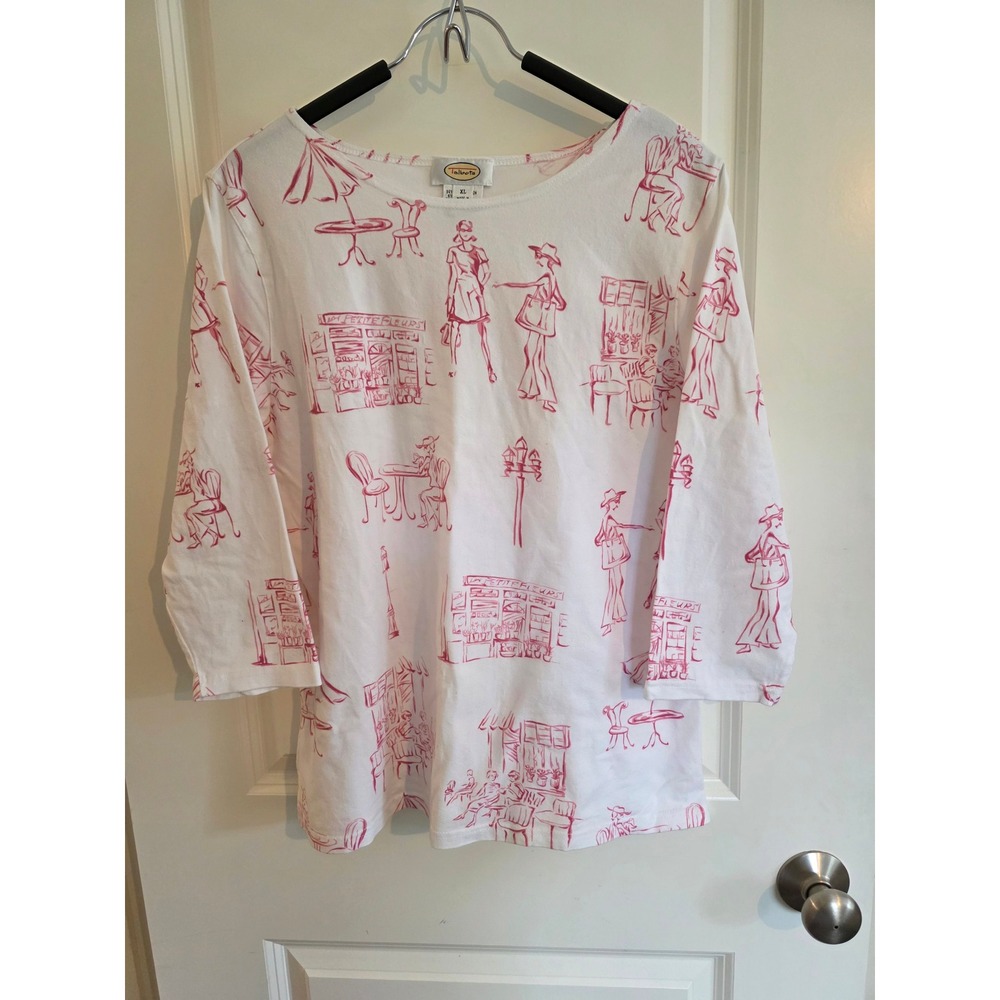 Talbots Womens XL Pink White Paris Cafe Sketch Print 3/4 Sleeve Top Boat Neck
